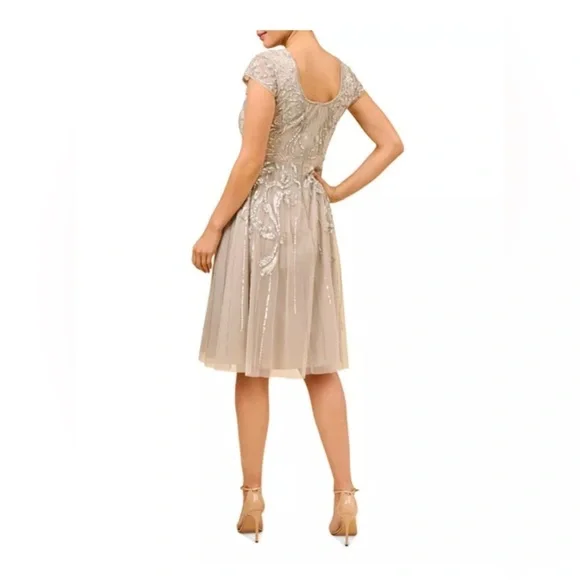Aidan Mattox | Adrianna Papell Silver Beaded Short Sleeve Dress Size 6 - Picture 3 of 13